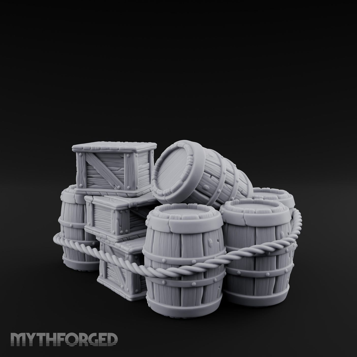 Rope-Lashed Haphazard-Stacked Barrel and Crate Set Miniature for Dungeons and Dragons, Pathfinder or other TTRPGs