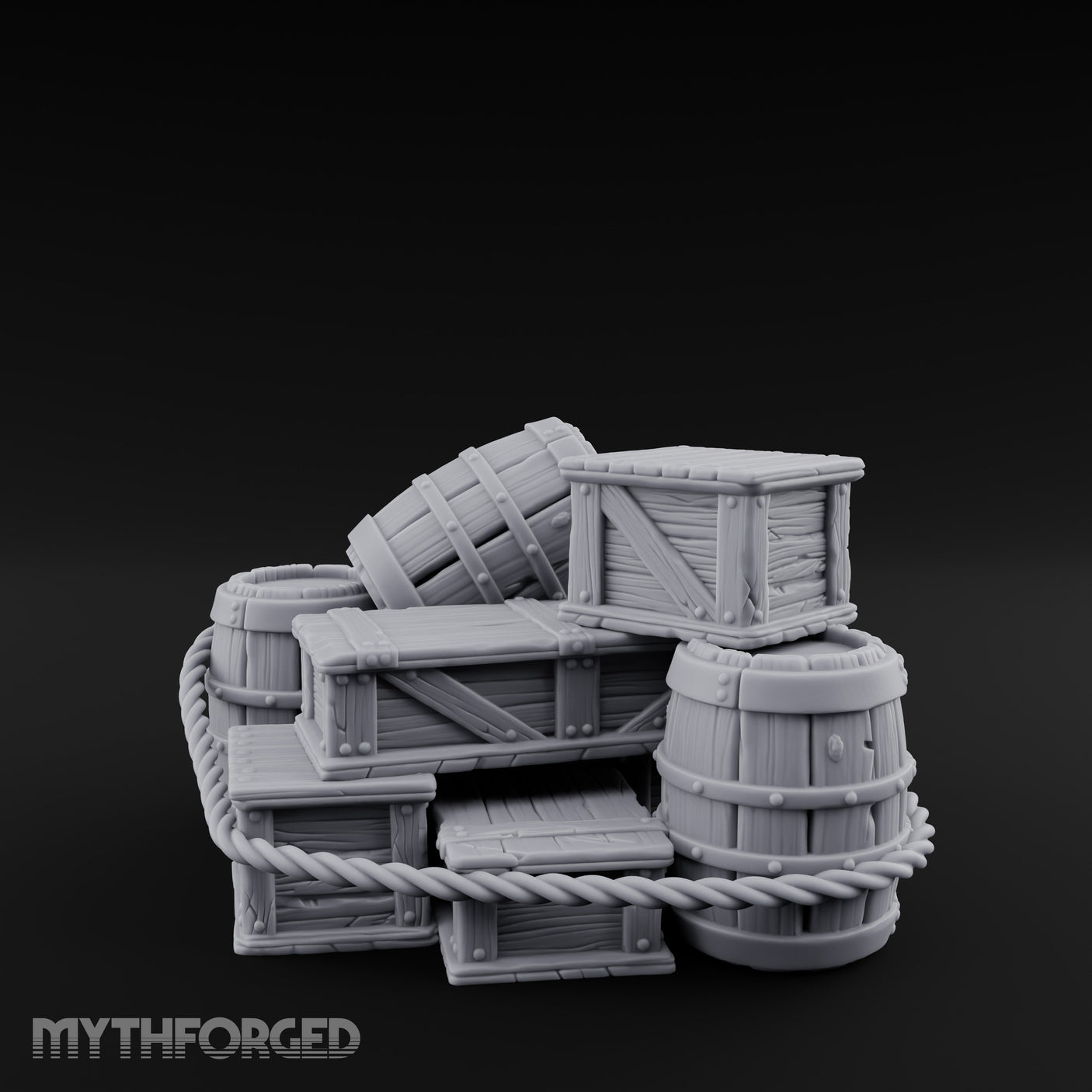 Rope-Lashed Haphazard-Stacked Barrel and Crate Set Miniature for Dungeons and Dragons, Pathfinder or other TTRPGs