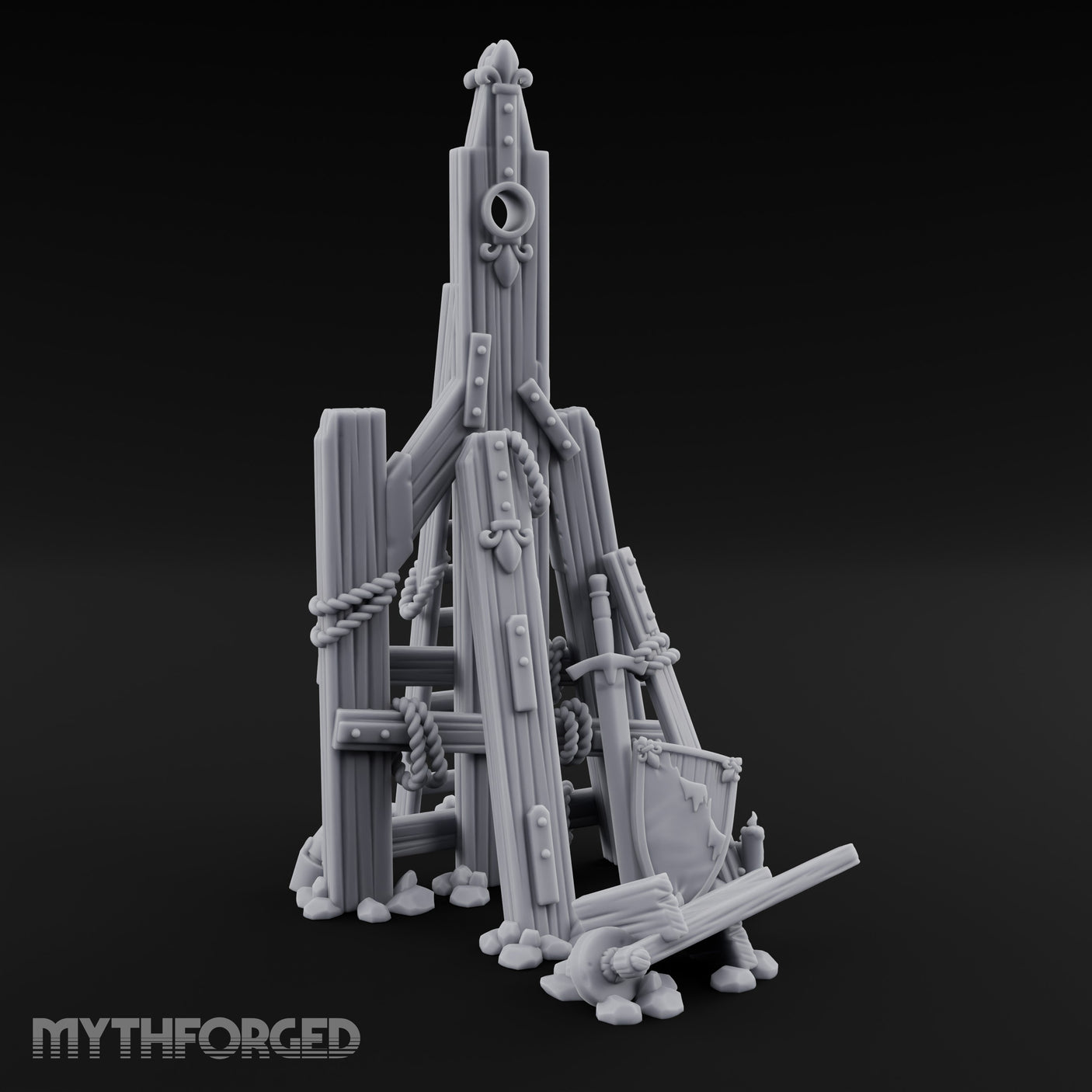 Rope-Lashed Timber-Scattered Ruined Trebuchet Miniature for Dungeons and Dragons, Pathfinder or other TTRPGs
