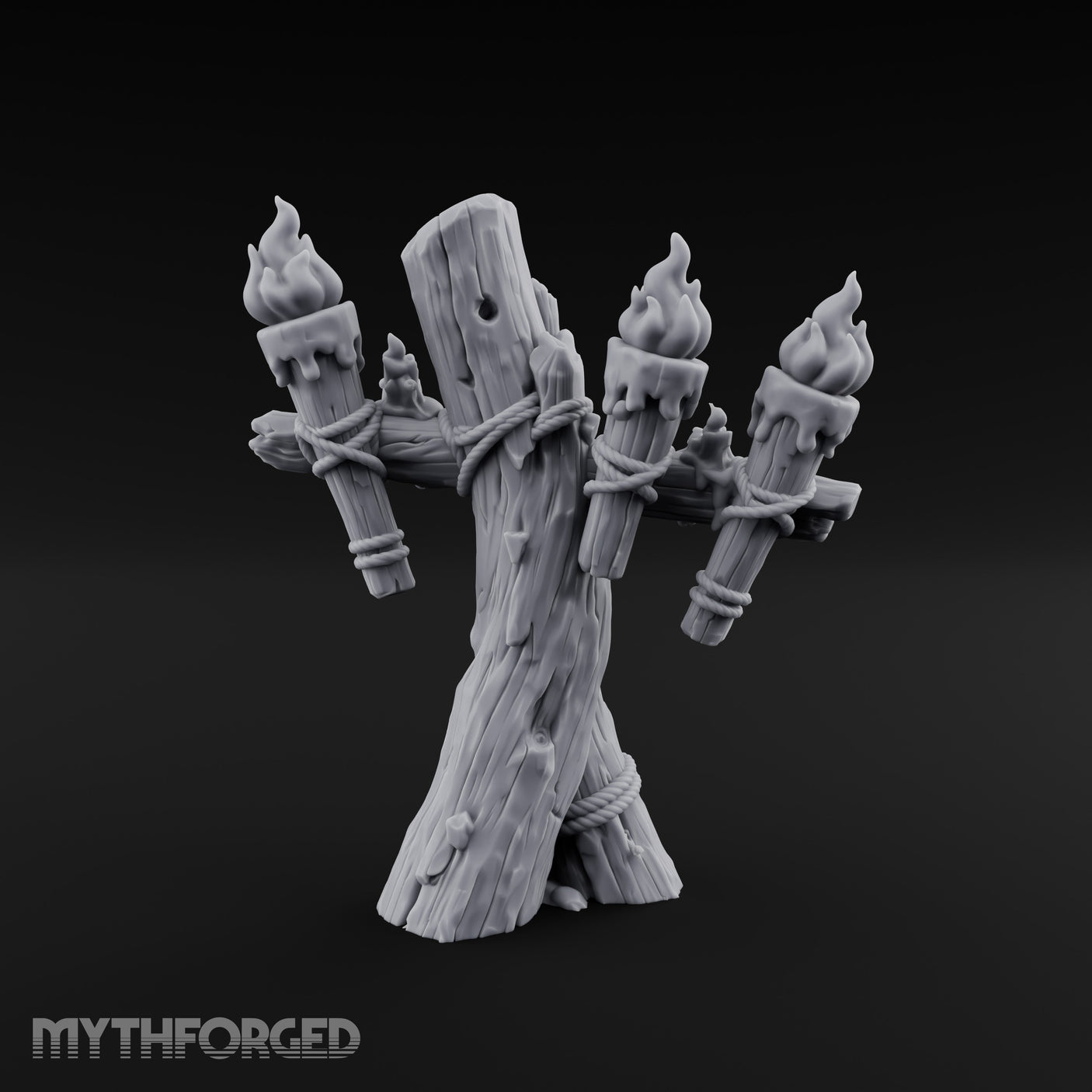Rope-Lashed Torch-Bristling Tribal Wooden Torch Stand Miniature for Dungeons and Dragons, Pathfinder or other TTRPGs