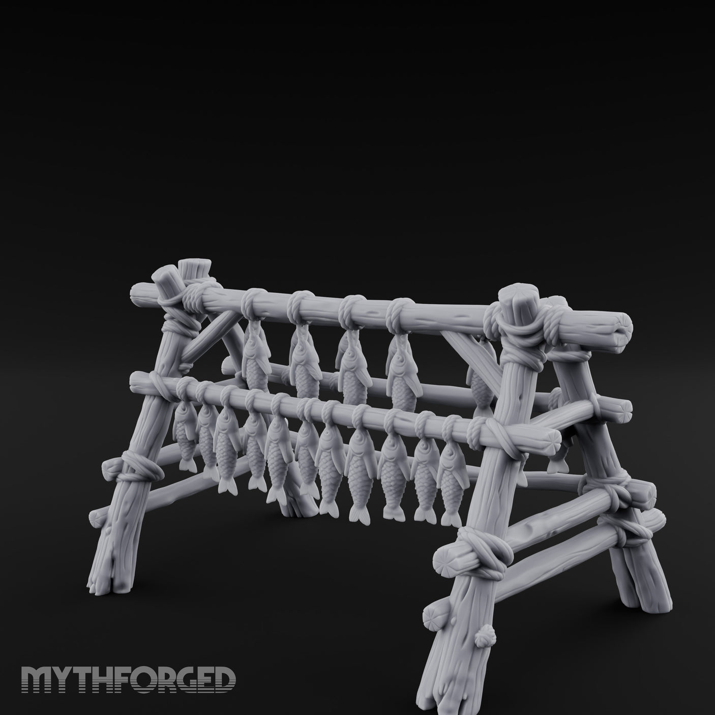 Rope-Tied Scale-Heavy Fish Drying Rack Miniature for Dungeons and Dragons, Pathfinder or other TTRPGs