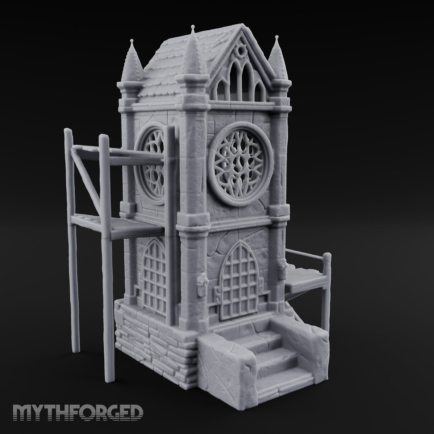 Rose-Windowed Scaffold-Ringed Gothic Bell Tower Miniature for Dungeons and Dragons, Pathfinder or other TTRPGs