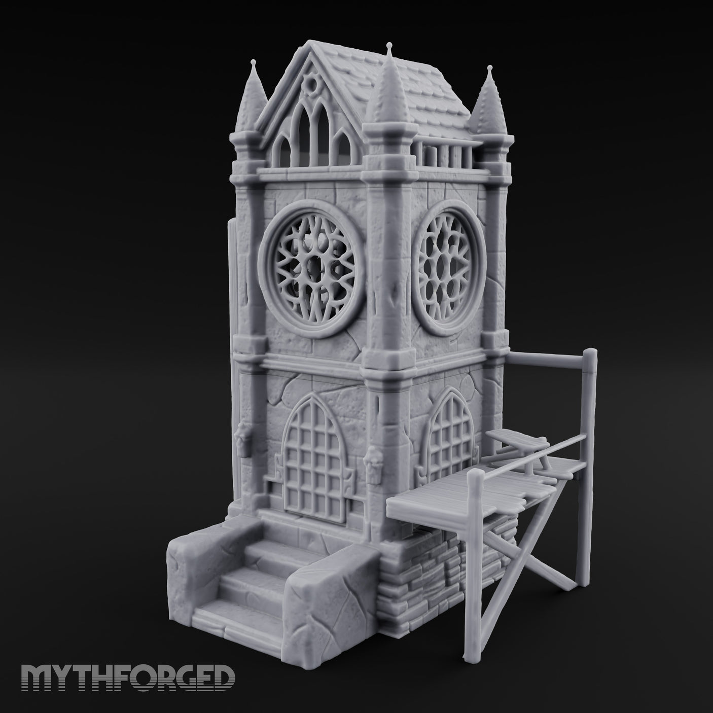 Rose-Windowed Scaffold-Ringed Gothic Bell Tower Miniature for Dungeons and Dragons, Pathfinder or other TTRPGs