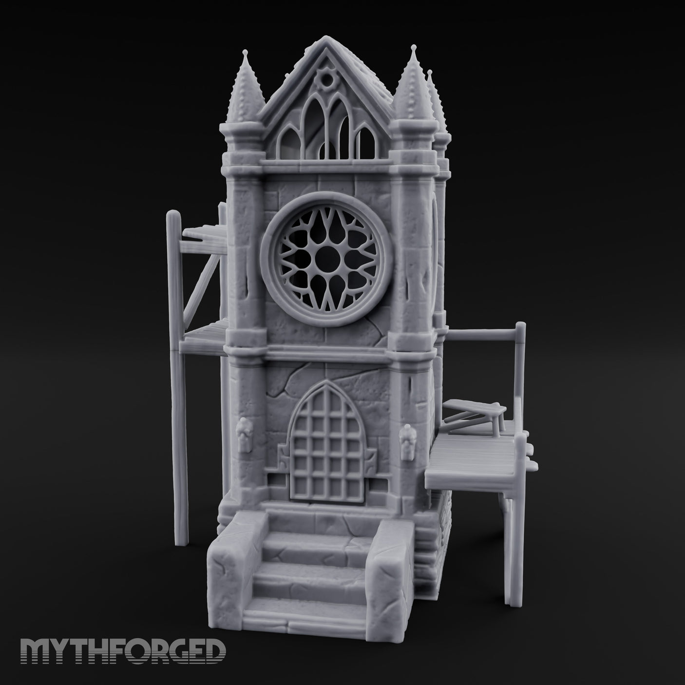 Rose-Windowed Scaffold-Ringed Gothic Bell Tower Miniature for Dungeons and Dragons, Pathfinder or other TTRPGs