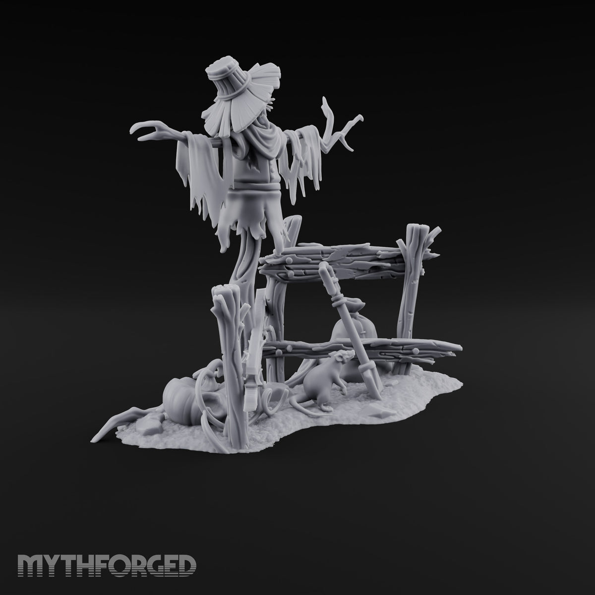 Nobody Told the Crows Rotten Skull-Faced Scarecrow with Broken Fence, Shovel, Sack, Pumpkin and Rat on Scenic Base