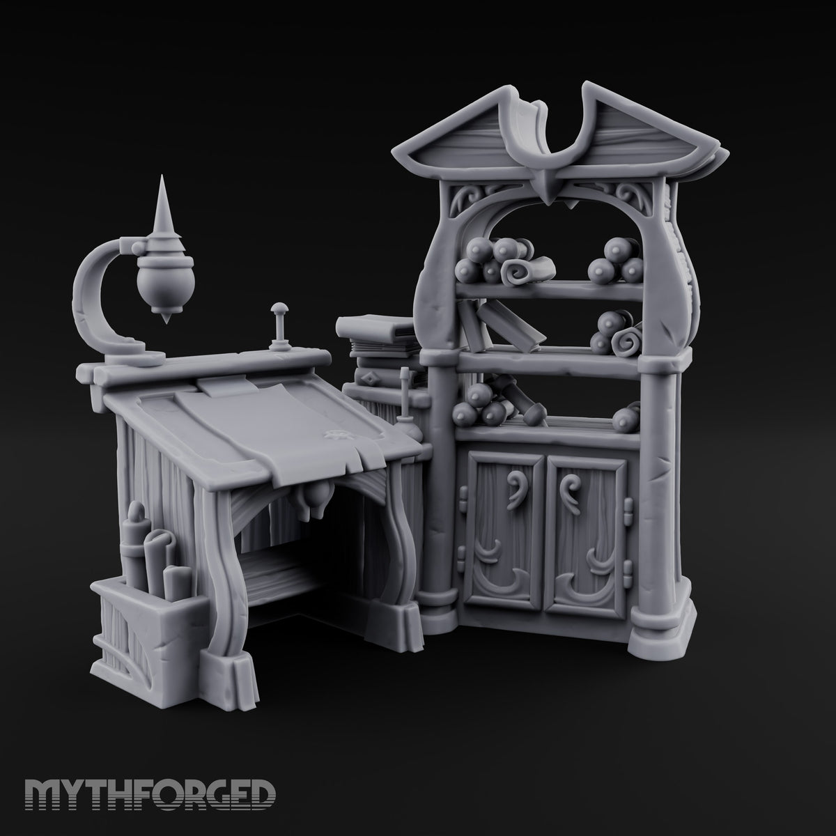 Whispers Filed, Scrolls Stacked Wooden Advisor Desk and Bookcase