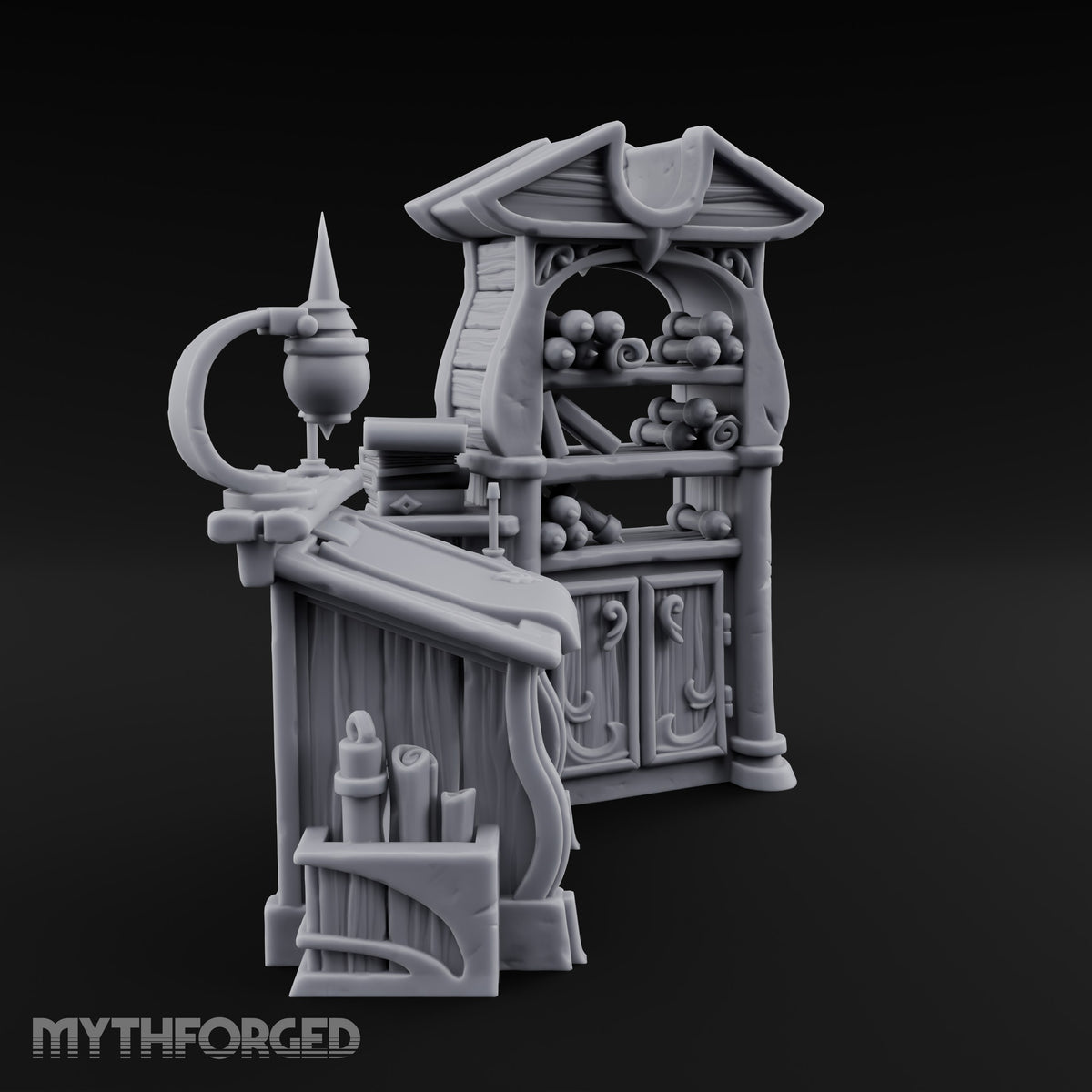 Whispers Filed, Scrolls Stacked Wooden Advisor Desk and Bookcase