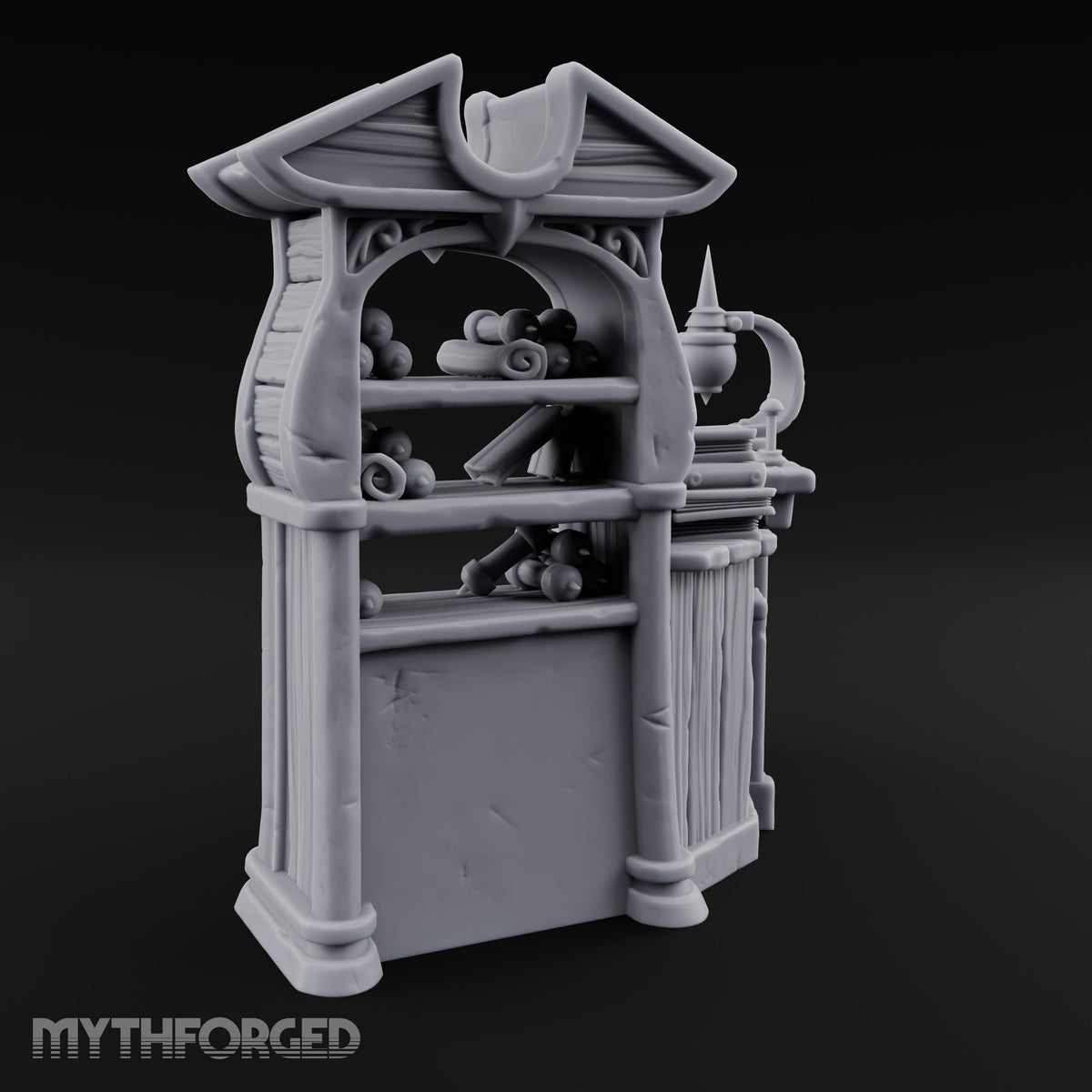 Whispers Filed, Scrolls Stacked Wooden Advisor Desk and Bookcase