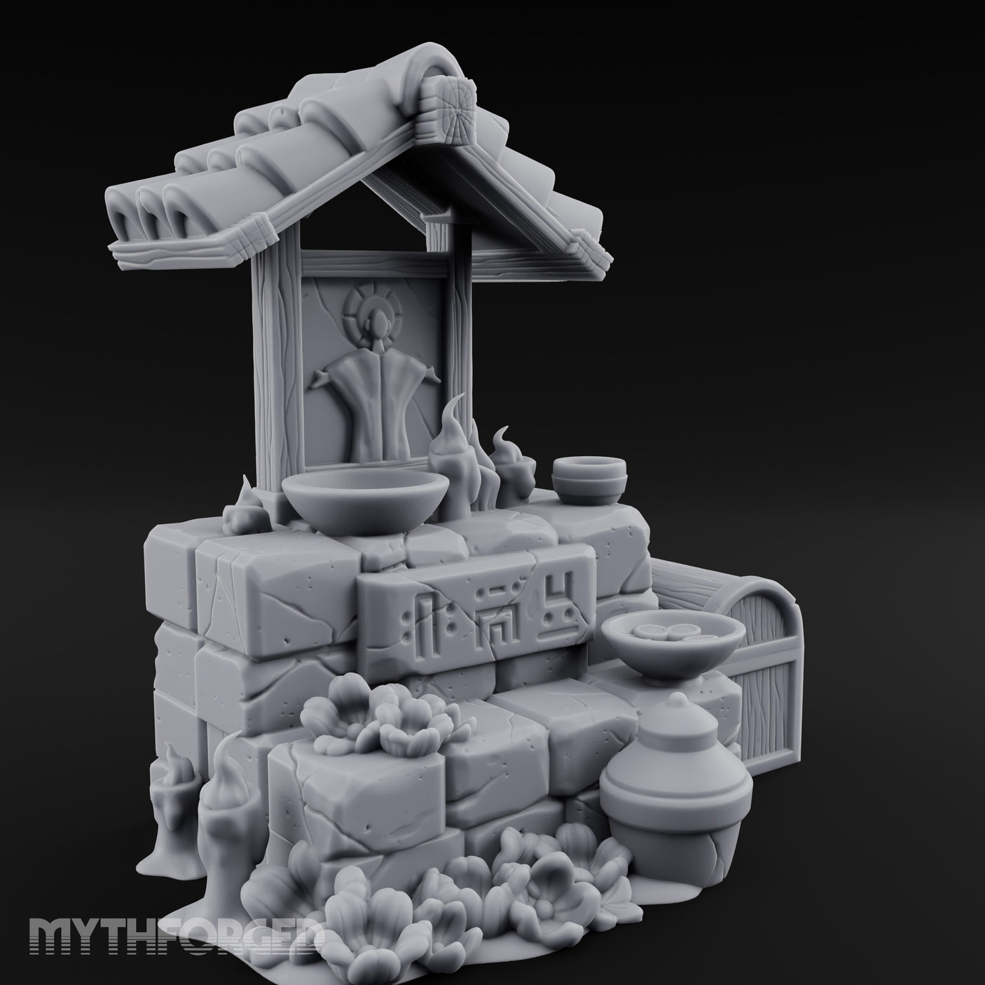 Rune-Inscribed Candle-Flickered Roofed Stone Shrine Altar Miniature for Dungeons and Dragons, Pathfinder or other TTRPGs