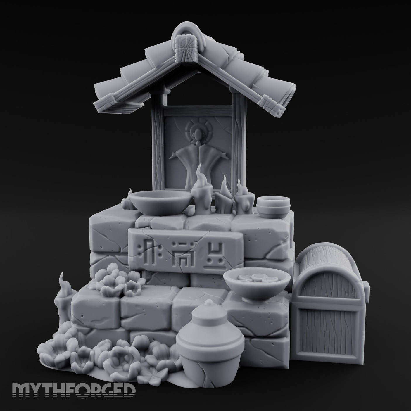 Rune-Inscribed Candle-Flickered Roofed Stone Shrine Altar Miniature for Dungeons and Dragons, Pathfinder or other TTRPGs