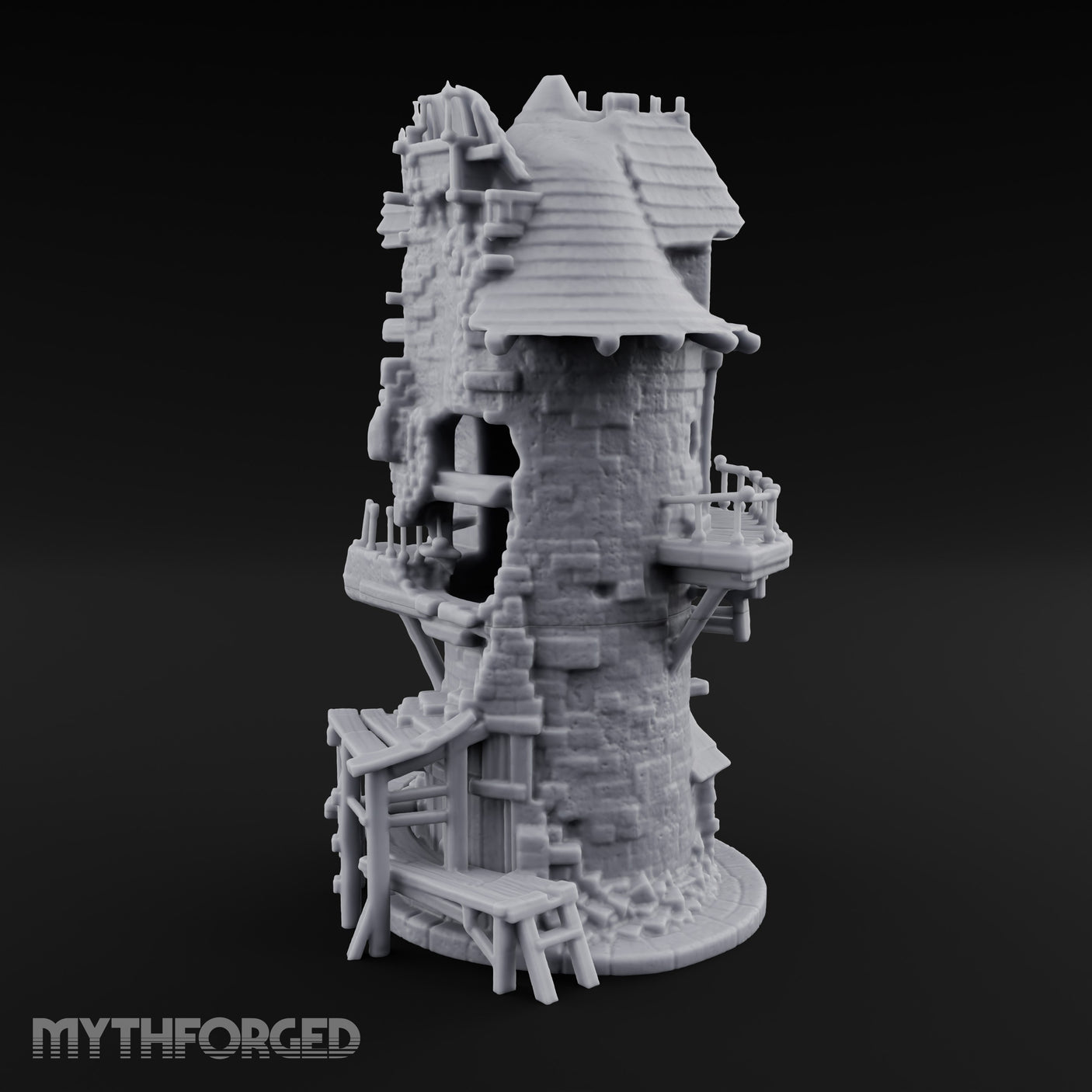 Scaffold-Laden Timber-Topped Wizard Tower Miniature for Dungeons and Dragons, Pathfinder or other TTRPGs