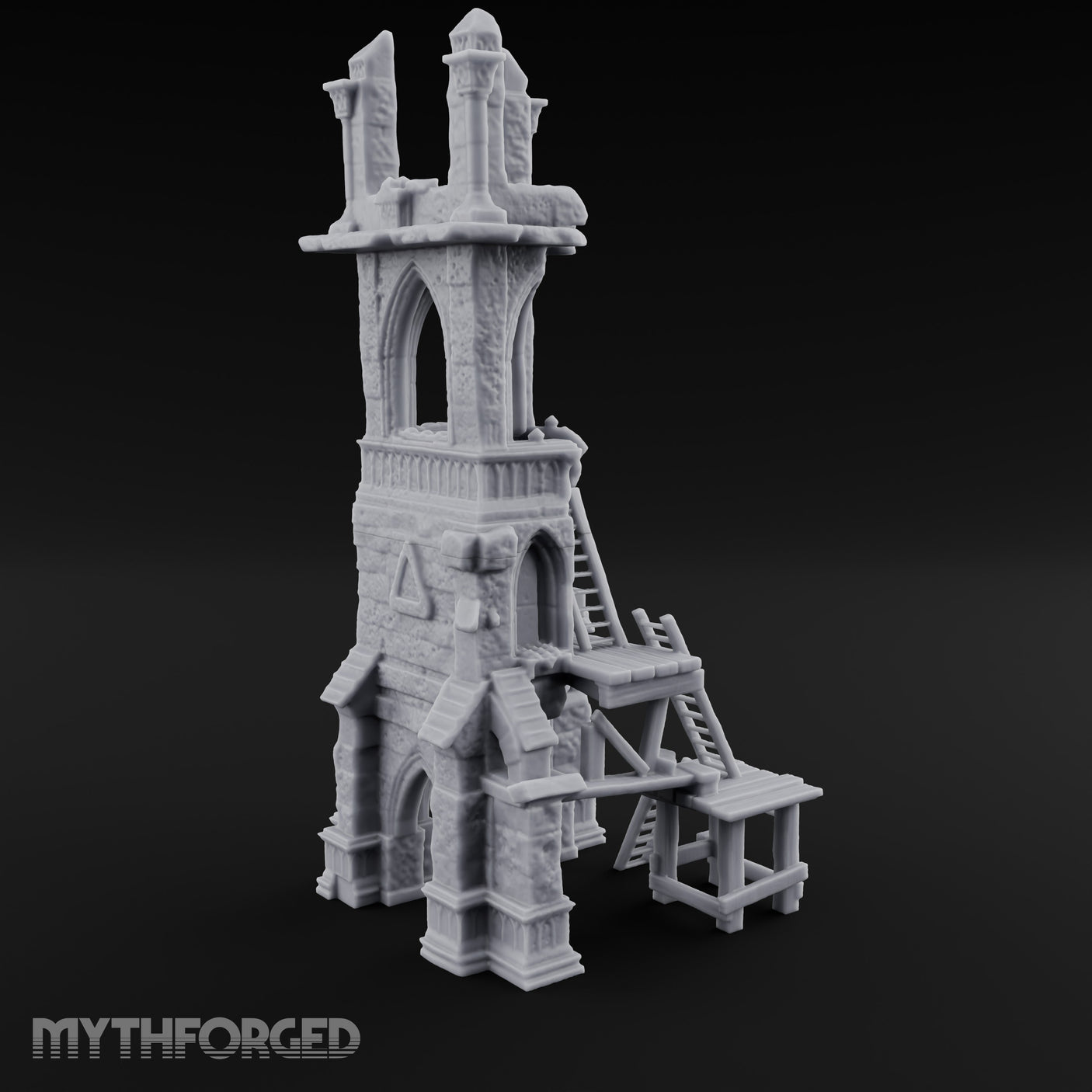 Scaffold-Wrapped Spire-Cleaved Gothic Tower Ruins Miniature for Dungeons and Dragons, Pathfinder or other TTRPGs