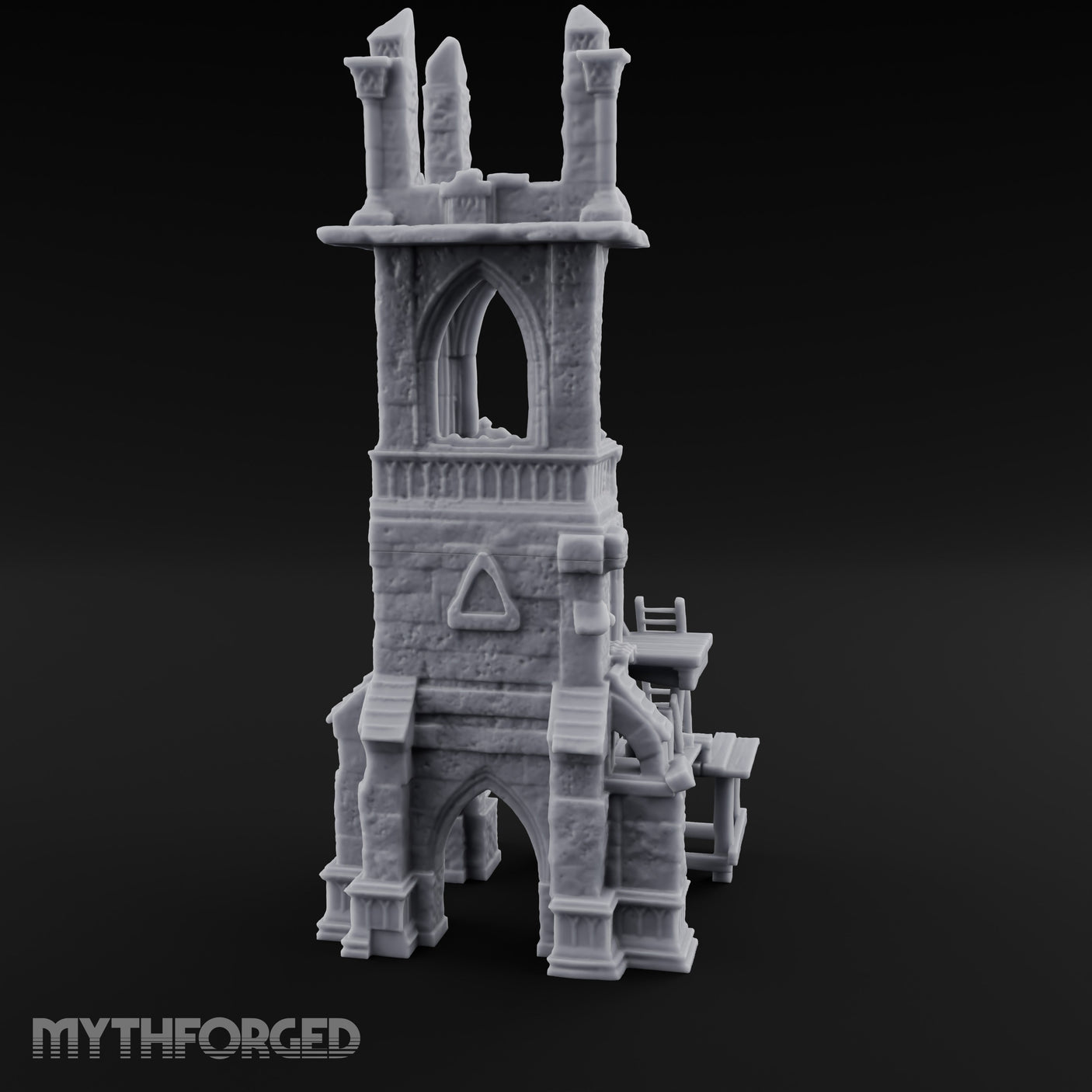 Scaffold-Wrapped Spire-Cleaved Gothic Tower Ruins Miniature for Dungeons and Dragons, Pathfinder or other TTRPGs