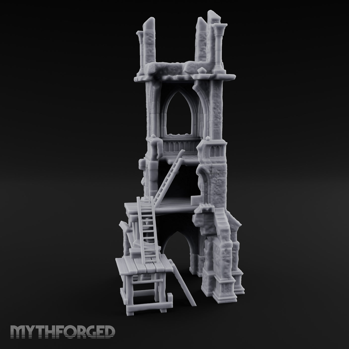 Scaffold-Wrapped Spire-Cleaved Gothic Tower Ruins Miniature for Dungeons and Dragons, Pathfinder or other TTRPGs