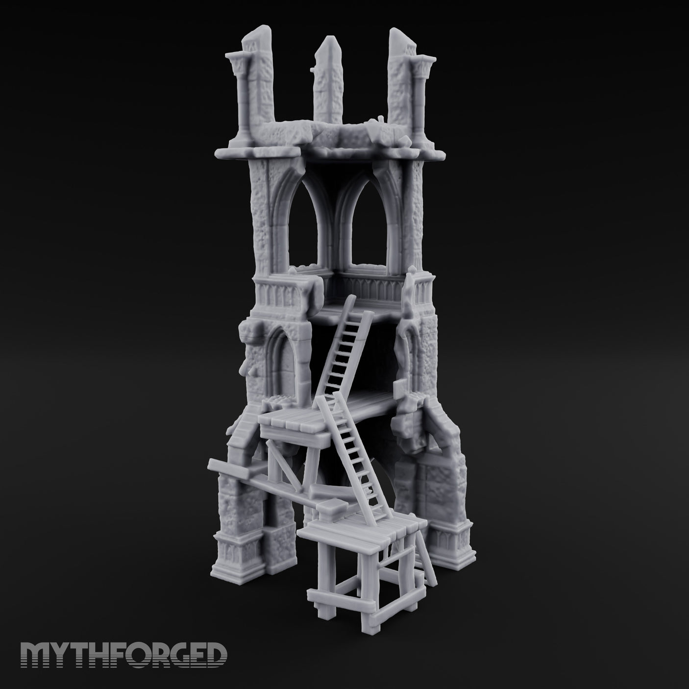 Scaffold-Wrapped Spire-Cleaved Gothic Tower Ruins Miniature for Dungeons and Dragons, Pathfinder or other TTRPGs