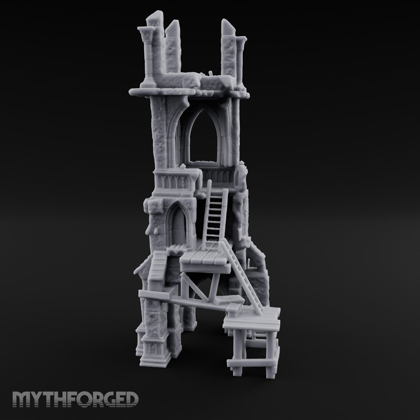 Scaffold-Wrapped Spire-Cleaved Gothic Tower Ruins Miniature for Dungeons and Dragons, Pathfinder or other TTRPGs