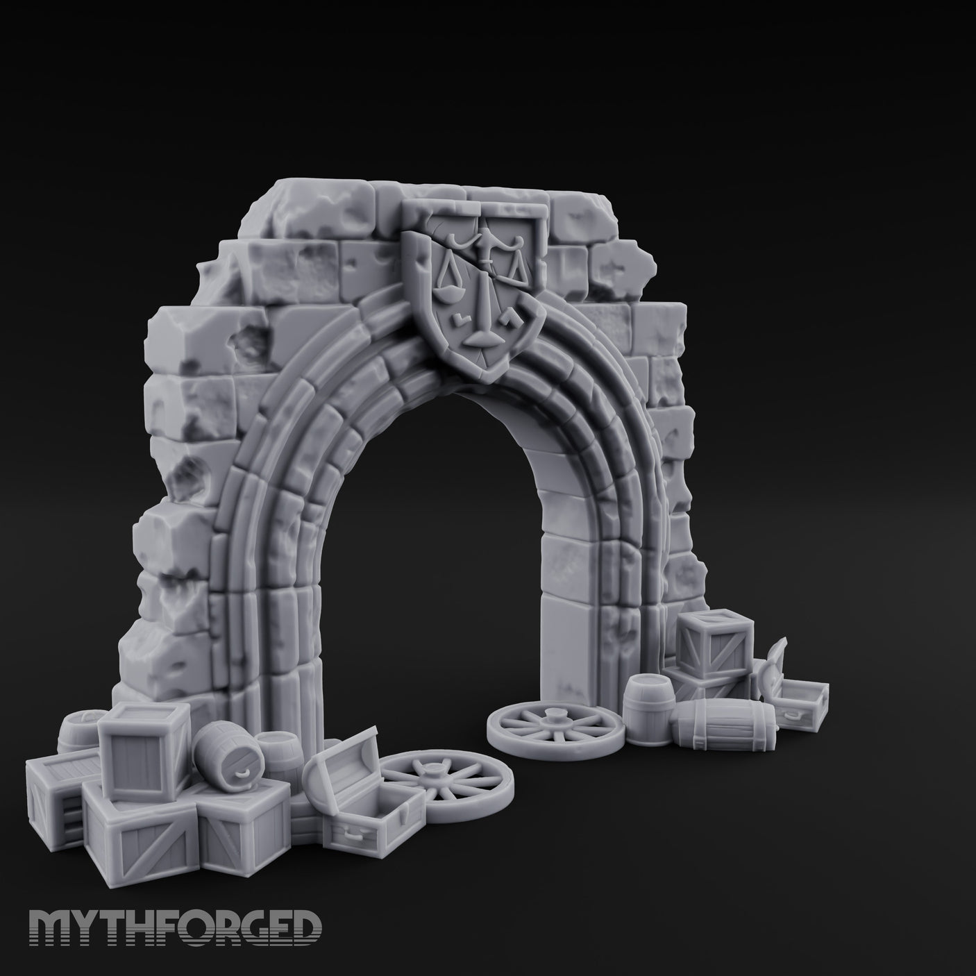Scales-Crested Cobblestone-Framed Market Archway with Scatter Miniature for Dungeons and Dragons, Pathfinder or other TTRPGs