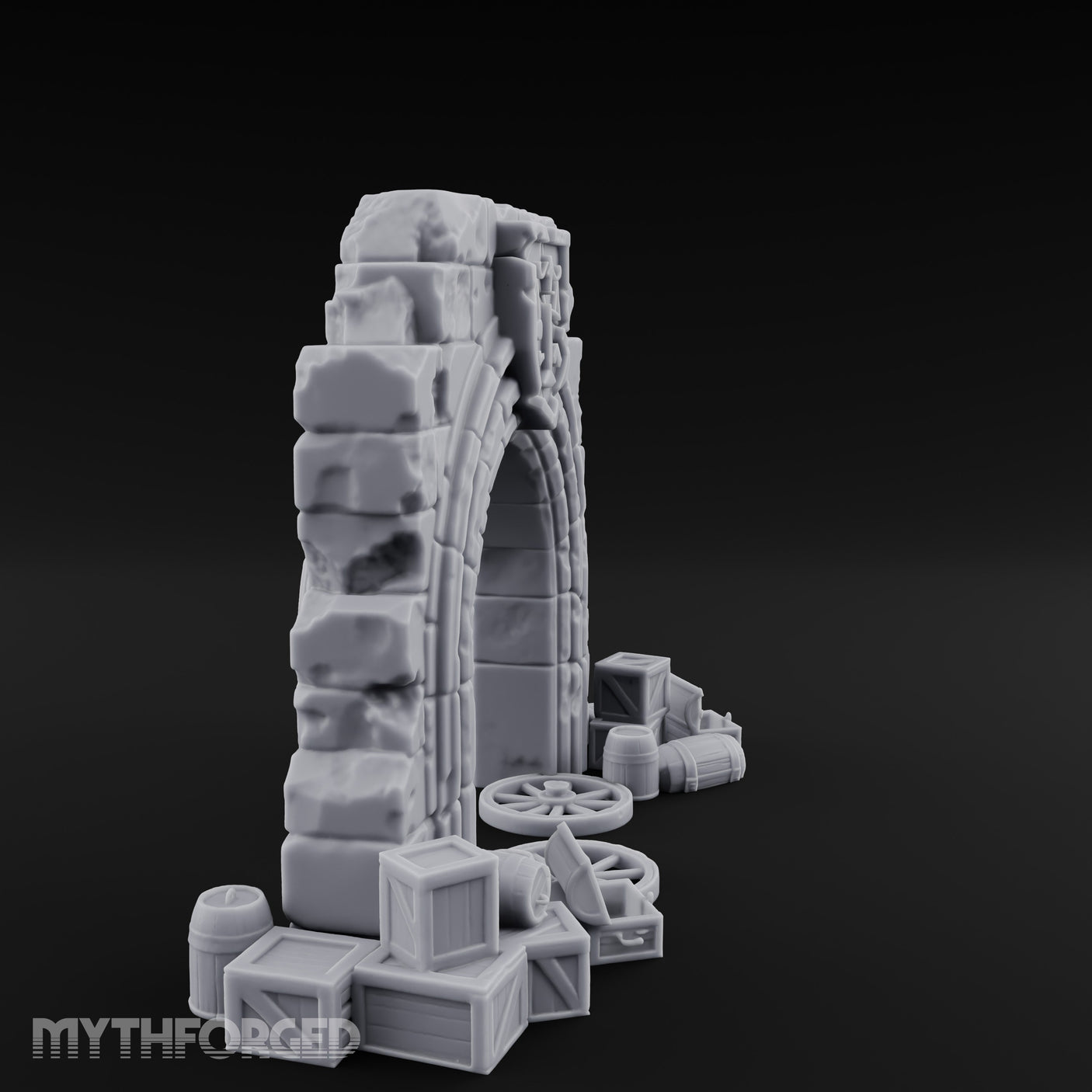 Scales-Crested Cobblestone-Framed Market Archway with Scatter Miniature for Dungeons and Dragons, Pathfinder or other TTRPGs