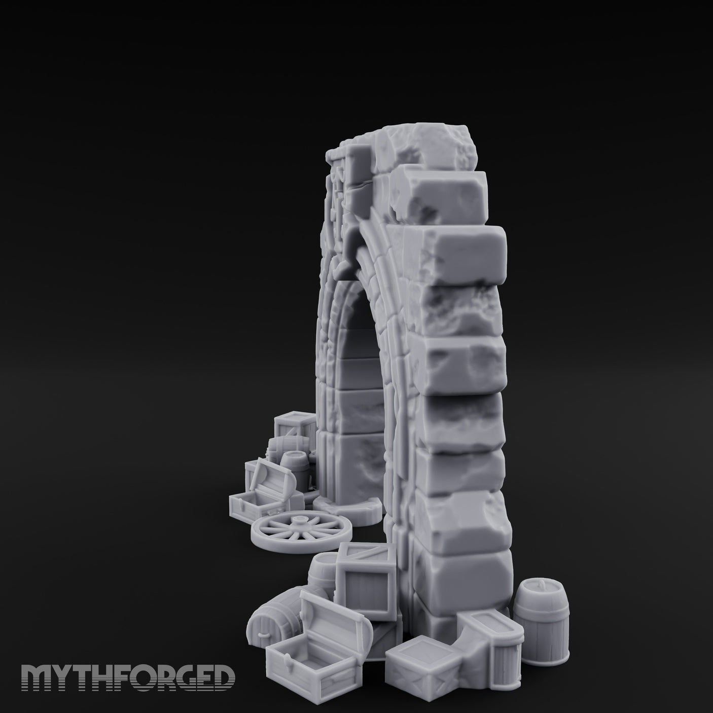 Scales-Crested Cobblestone-Framed Market Archway with Scatter Miniature for Dungeons and Dragons, Pathfinder or other TTRPGs