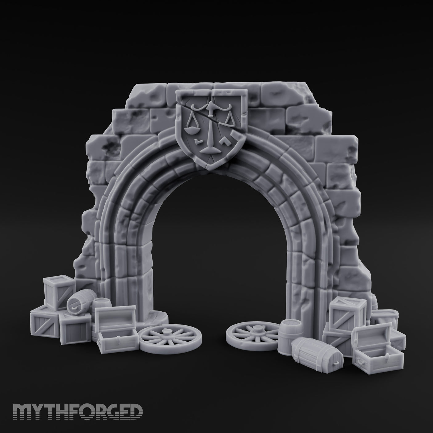 Scales-Crested Cobblestone-Framed Market Archway with Scatter Miniature for Dungeons and Dragons, Pathfinder or other TTRPGs