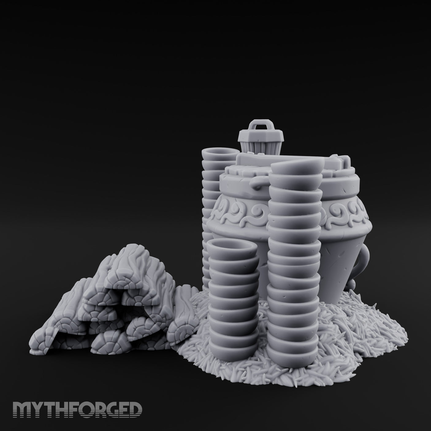 Scroll-Carved Straw-Nestled Cracked Urn Scene Miniature for Dungeons and Dragons, Pathfinder or other TTRPGs