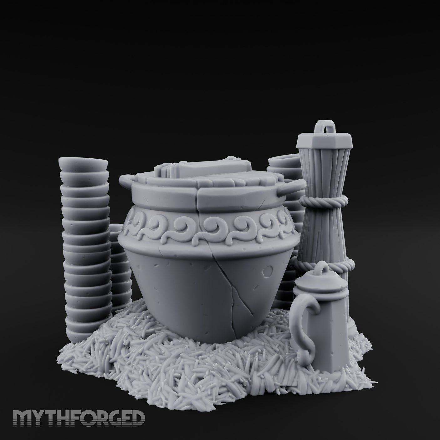 Scroll-Carved Straw-Nestled Cracked Urn Scene Miniature for Dungeons and Dragons, Pathfinder or other TTRPGs