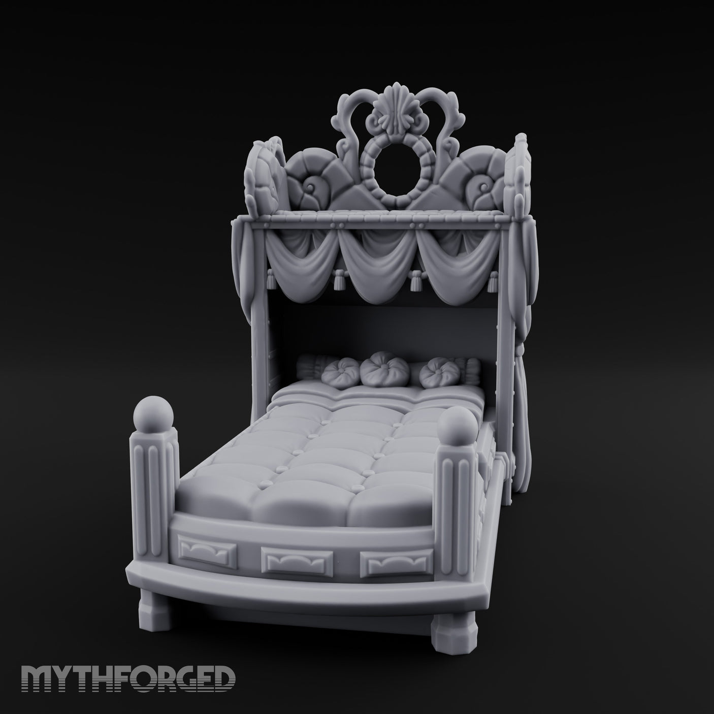 Scroll-Carved Tasseled-Canopy Noble Four-Poster Bed Miniature for Dungeons and Dragons, Pathfinder or other TTRPGs