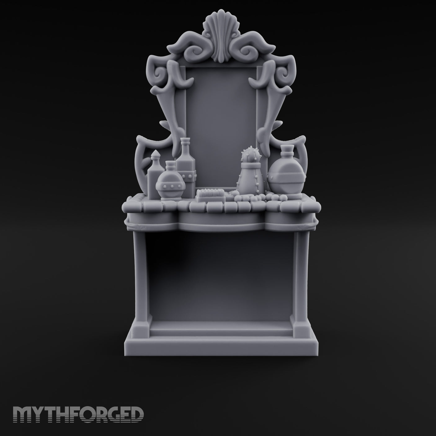 Scroll-Framed Potion-Scattered Noble Vanity Dresser Miniature for Dungeons and Dragons, Pathfinder or other TTRPGs