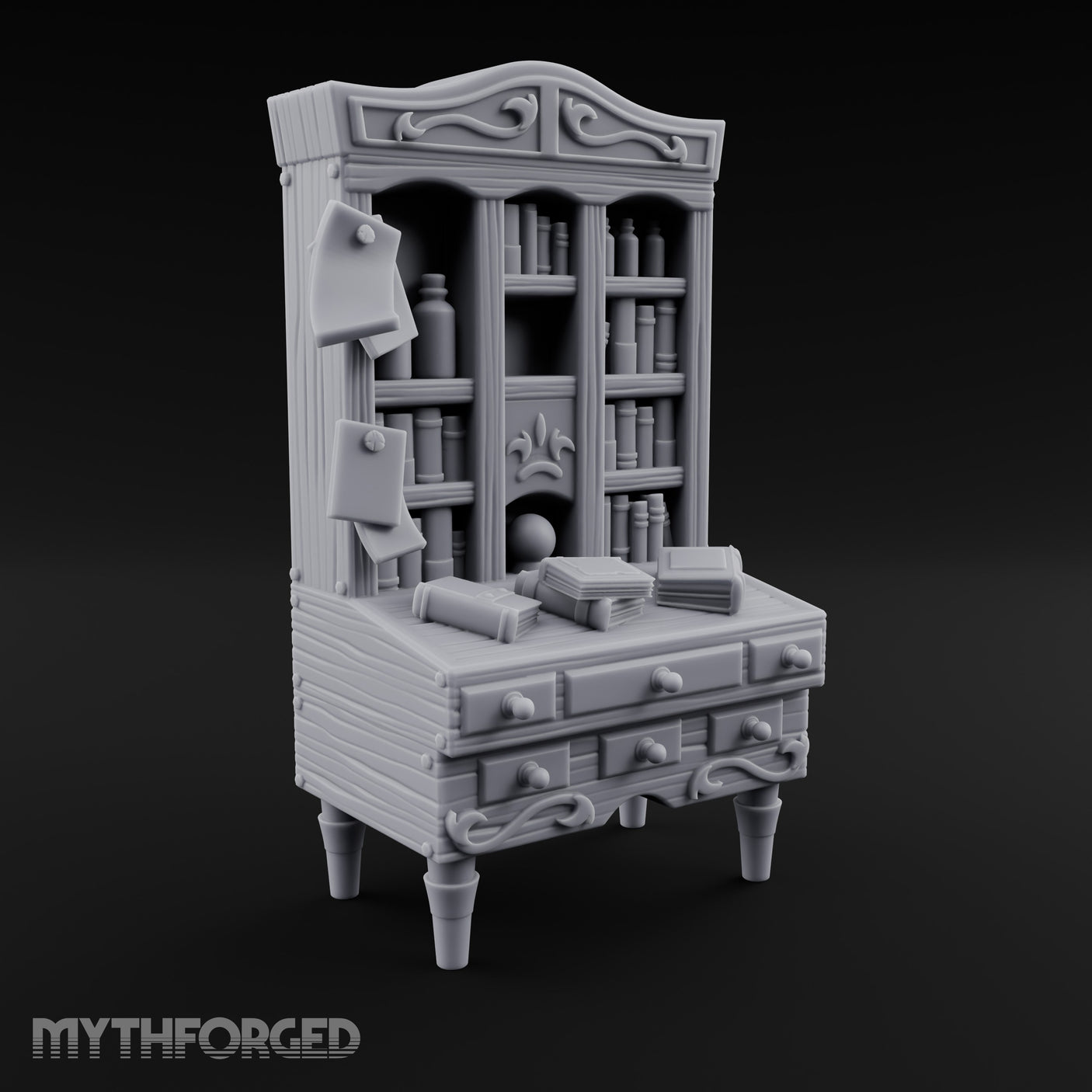 Scroll-Pinned Fleur-Carved Scholar's Bureau Bookcase gallery 2