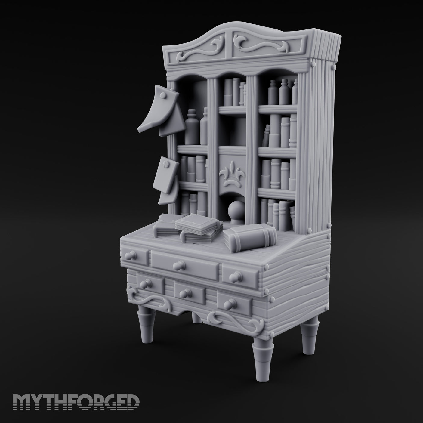Scroll-Pinned Fleur-Carved Scholar's Bureau Bookcase gallery 8