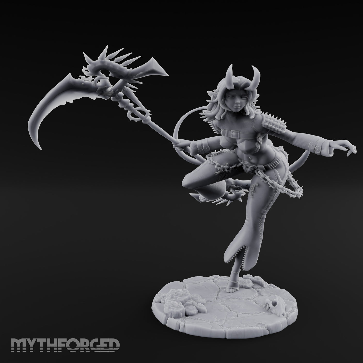 Scythe Sweeping Knee Raised Tiefling Reaper Miniature for Dungeons and Dragons, Pathfinder or other TTRPGs