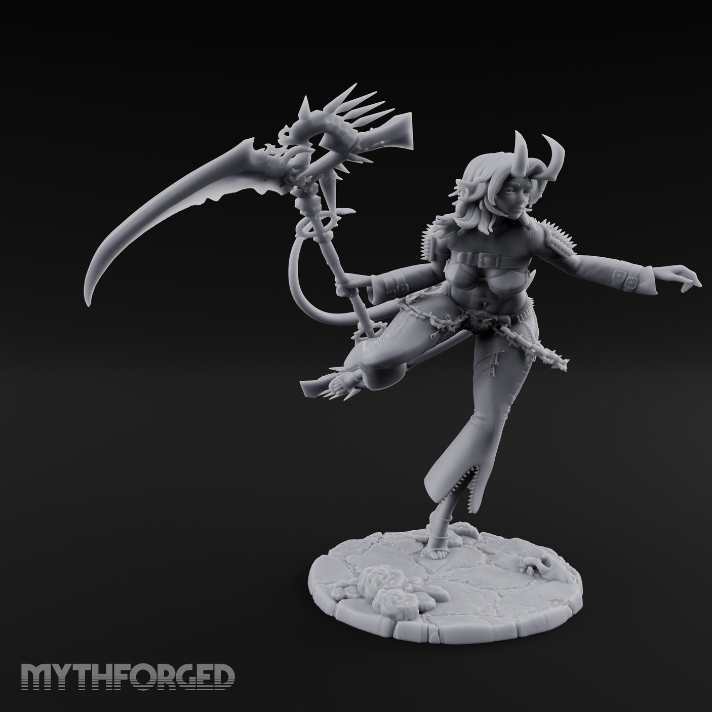 Scythe Sweeping Knee Raised Tiefling Reaper Miniature for Dungeons and Dragons, Pathfinder or other TTRPGs