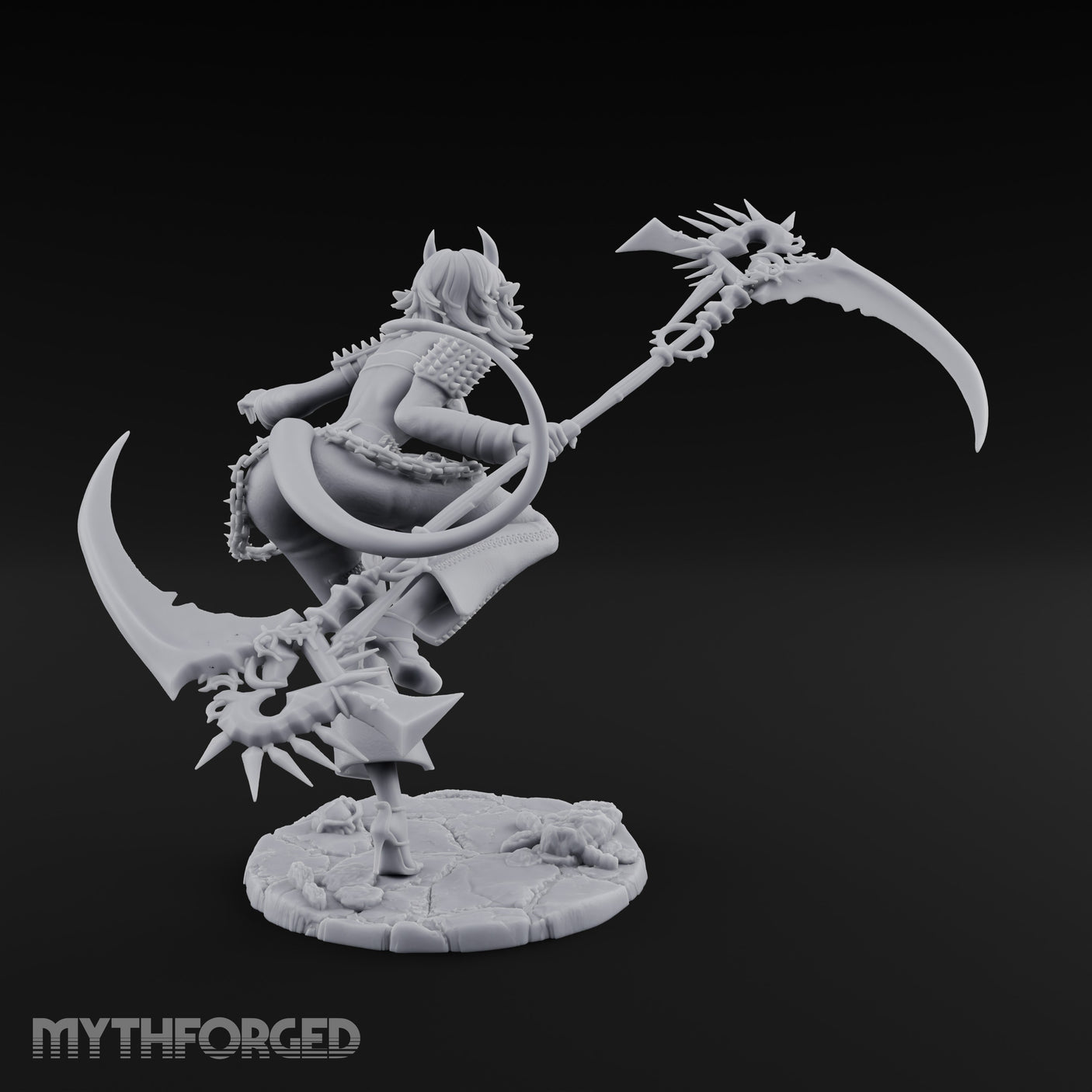 Scythe Sweeping Knee Raised Tiefling Reaper Miniature for Dungeons and Dragons, Pathfinder or other TTRPGs