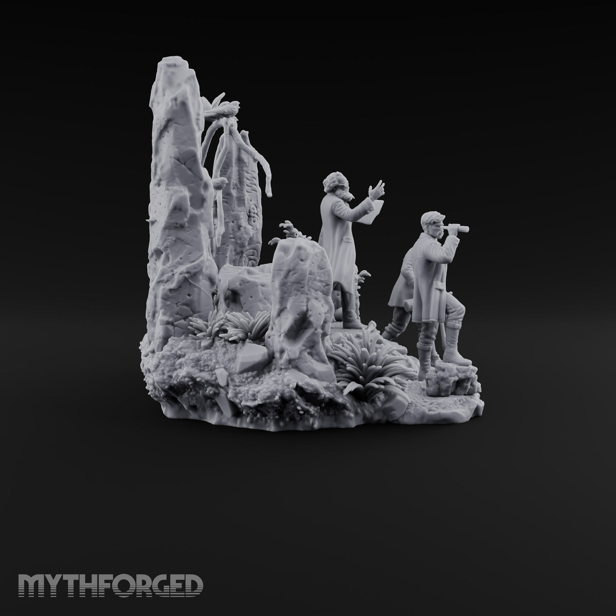 Three Scholars, One Bad Feeling Human Investigators on Standing-Stone Hilltop Diorama