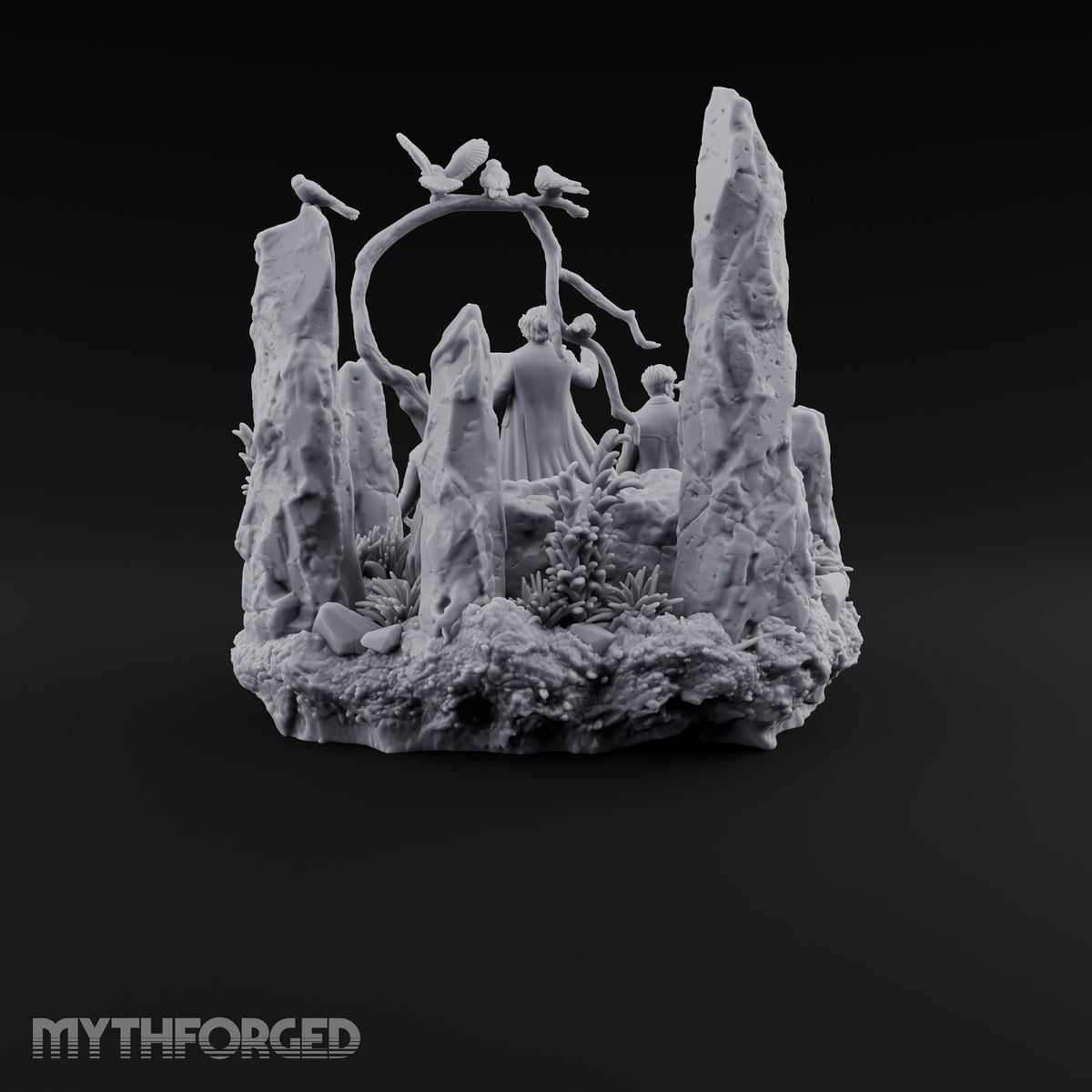 Three Scholars, One Bad Feeling Human Investigators on Standing-Stone Hilltop Diorama