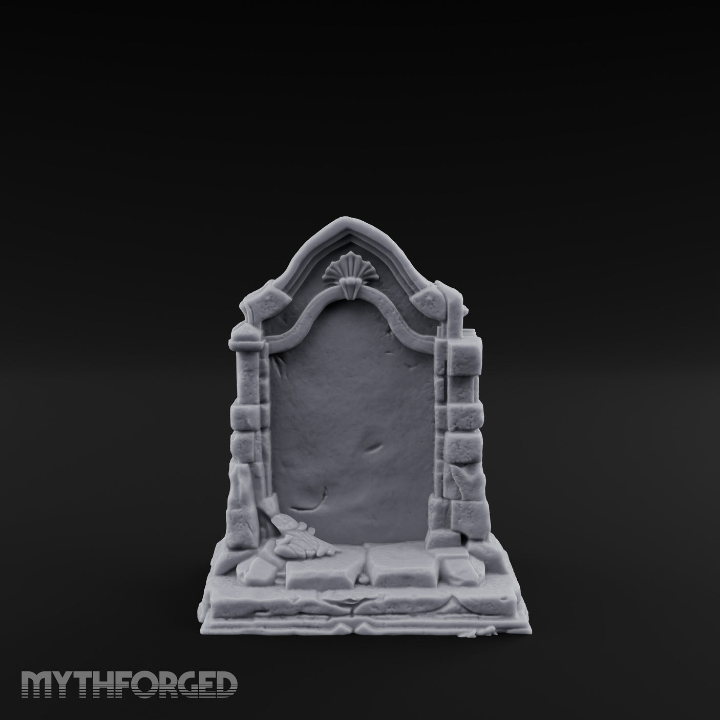 Shell-Crowned Arch-Framed Gothic Gravestone Miniature for Dungeons and Dragons, Pathfinder or other TTRPGs