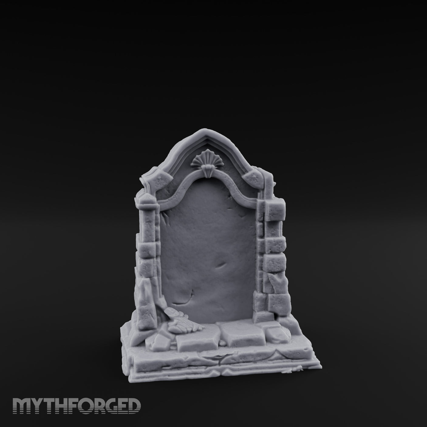 Shell-Crowned Arch-Framed Gothic Gravestone Miniature for Dungeons and Dragons, Pathfinder or other TTRPGs