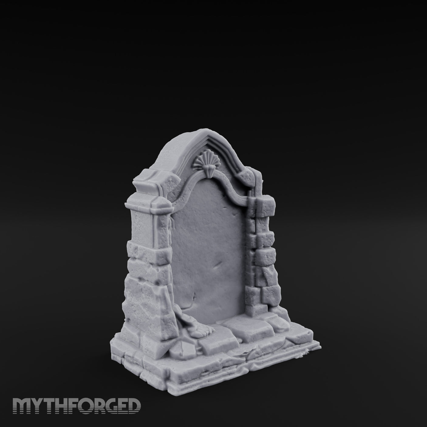 Shell-Crowned Arch-Framed Gothic Gravestone Miniature for Dungeons and Dragons, Pathfinder or other TTRPGs
