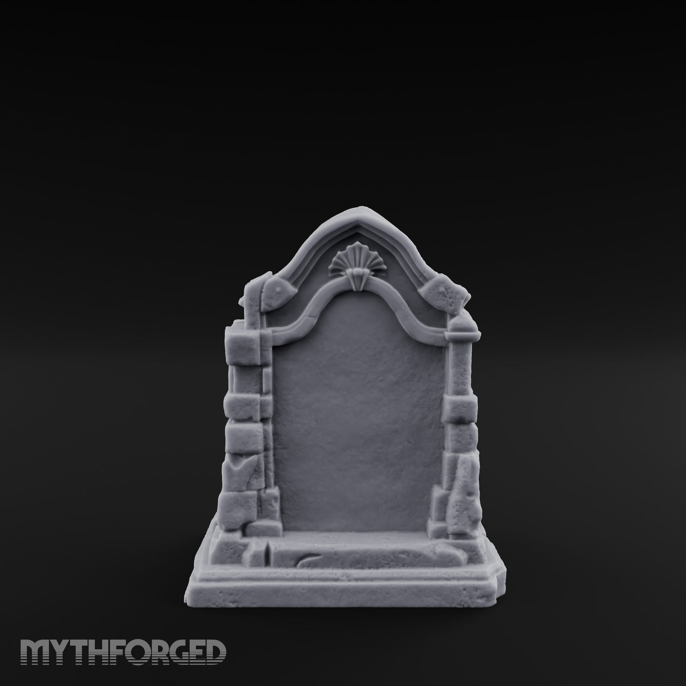 Shell-Crowned Arch-Framed Gothic Gravestone Miniature for Dungeons and Dragons, Pathfinder or other TTRPGs