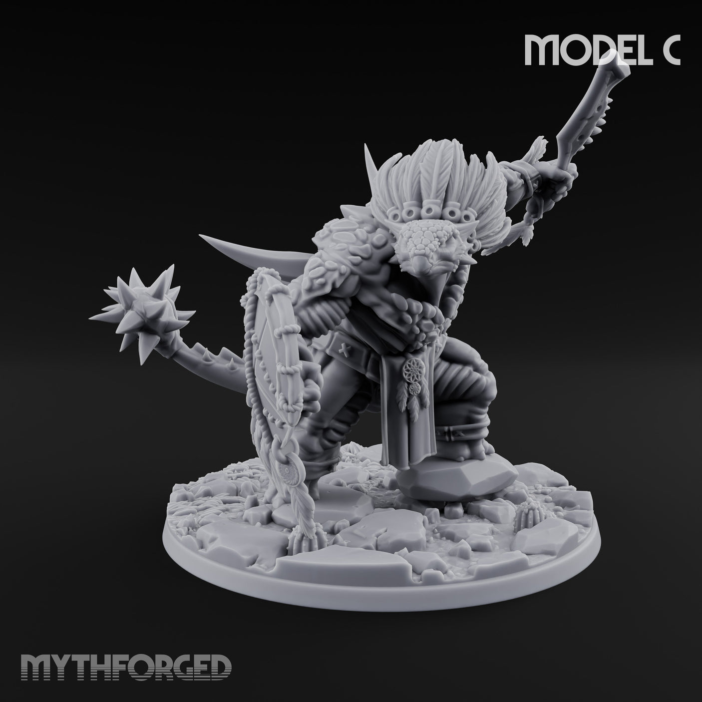 Shield And Flail Wielding Lizardfolk Warrior C Miniature for Dungeons and Dragons, Pathfinder or other TTRPGs