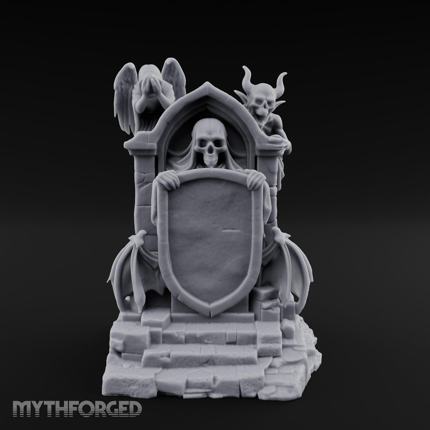 Shield-Bearing Demon-Flanked Grim Reaper Tombstone Miniature for Dungeons and Dragons, Pathfinder or other TTRPGs