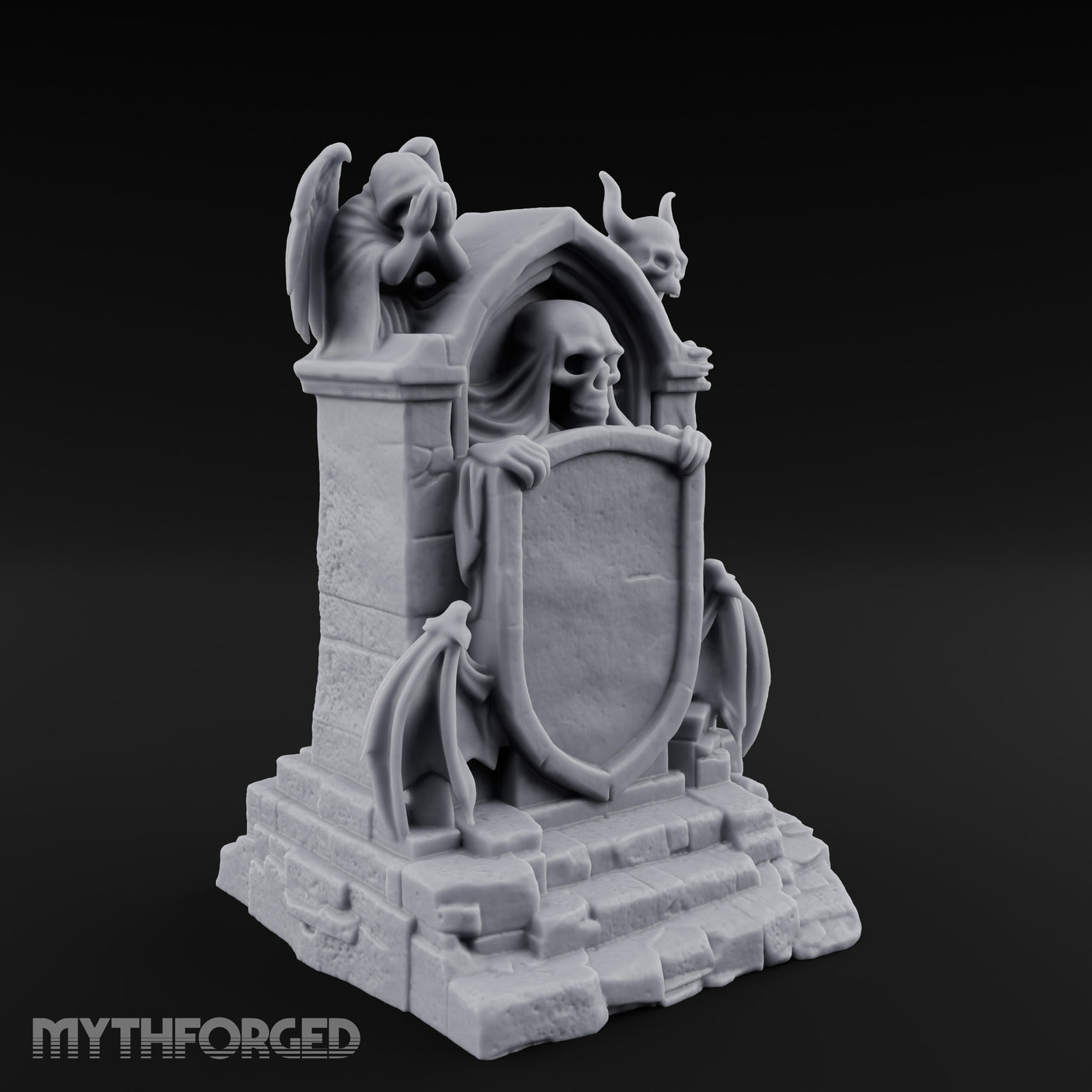 Shield-Bearing Demon-Flanked Grim Reaper Tombstone Miniature for Dungeons and Dragons, Pathfinder or other TTRPGs