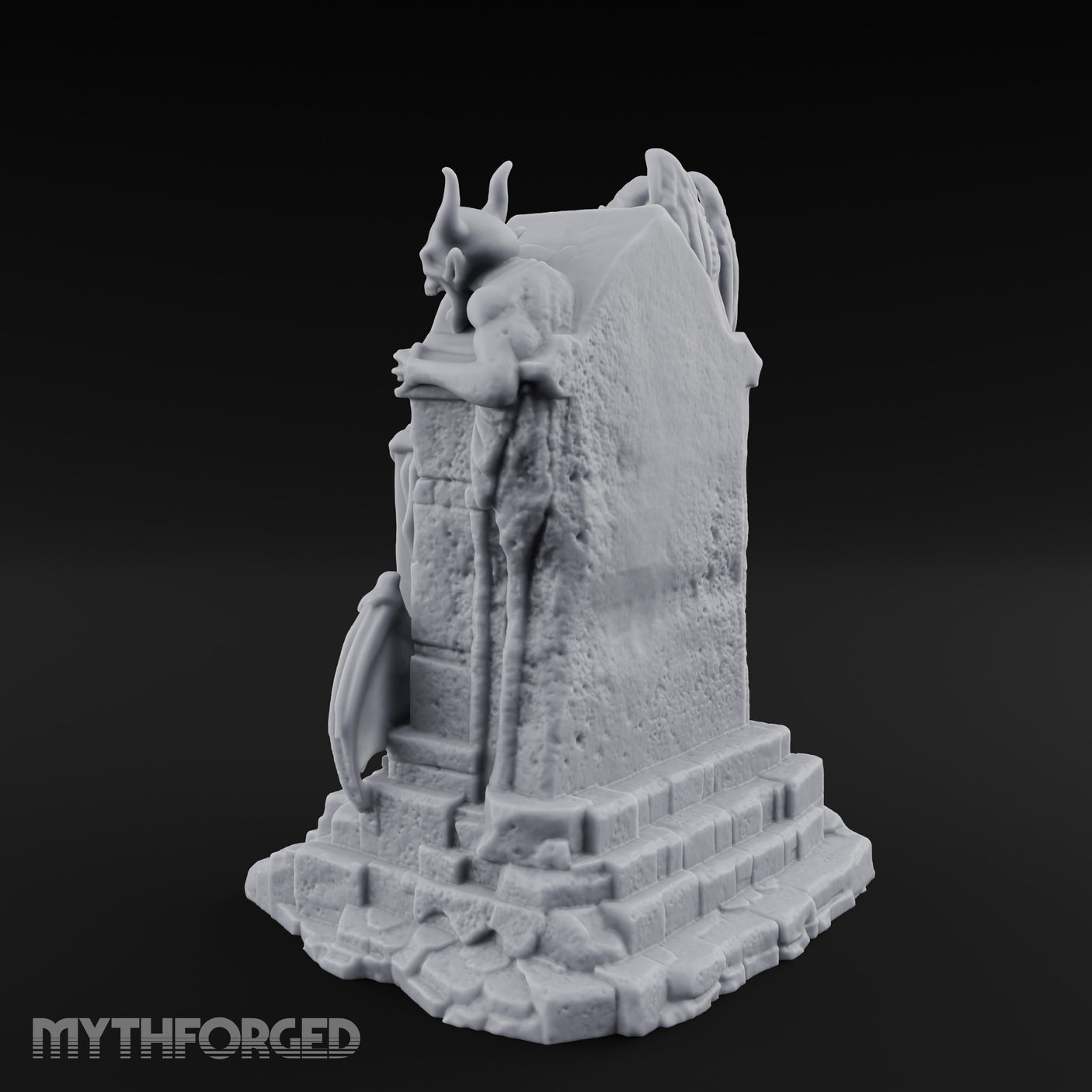 Shield-Bearing Demon-Flanked Grim Reaper Tombstone Miniature for Dungeons and Dragons, Pathfinder or other TTRPGs