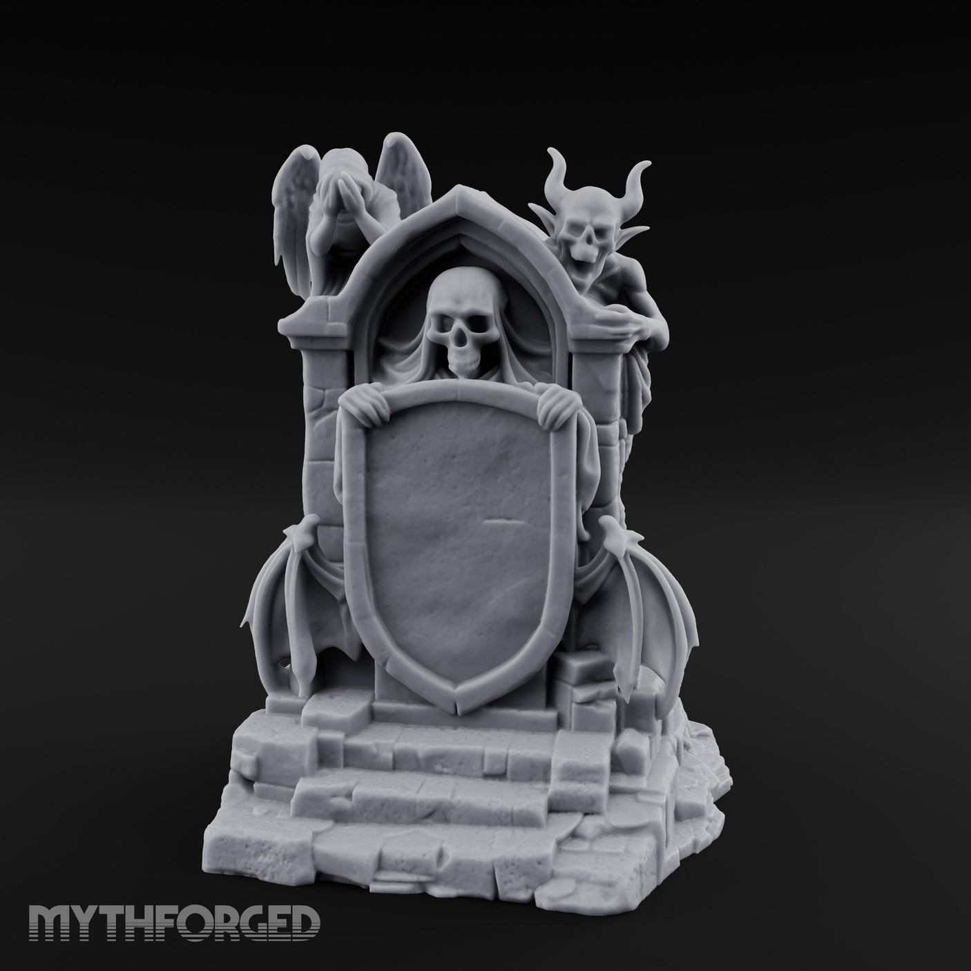 Shield-Bearing Demon-Flanked Grim Reaper Tombstone Miniature for Dungeons and Dragons, Pathfinder or other TTRPGs