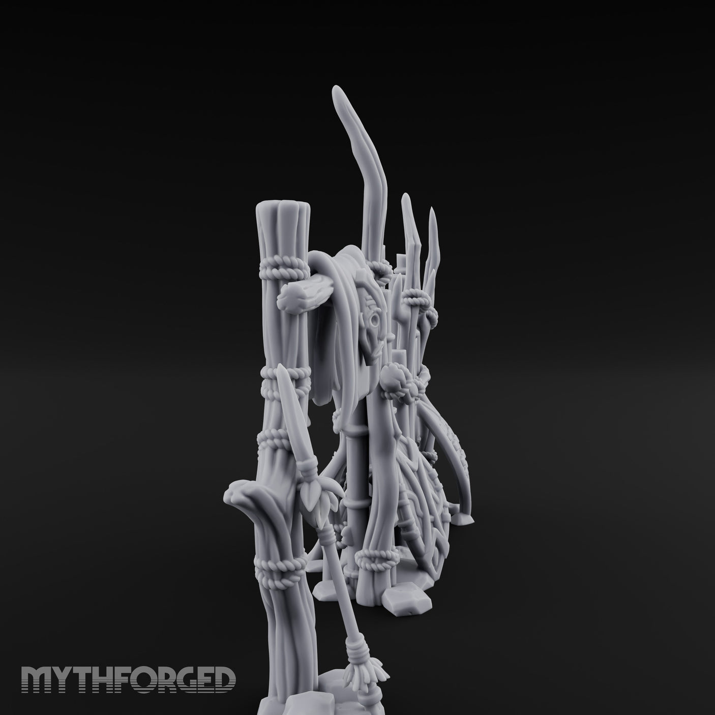 Shield-Leaned Banner-Draped Tribal Bamboo Wall Scene Miniature for Dungeons and Dragons, Pathfinder or other TTRPGs