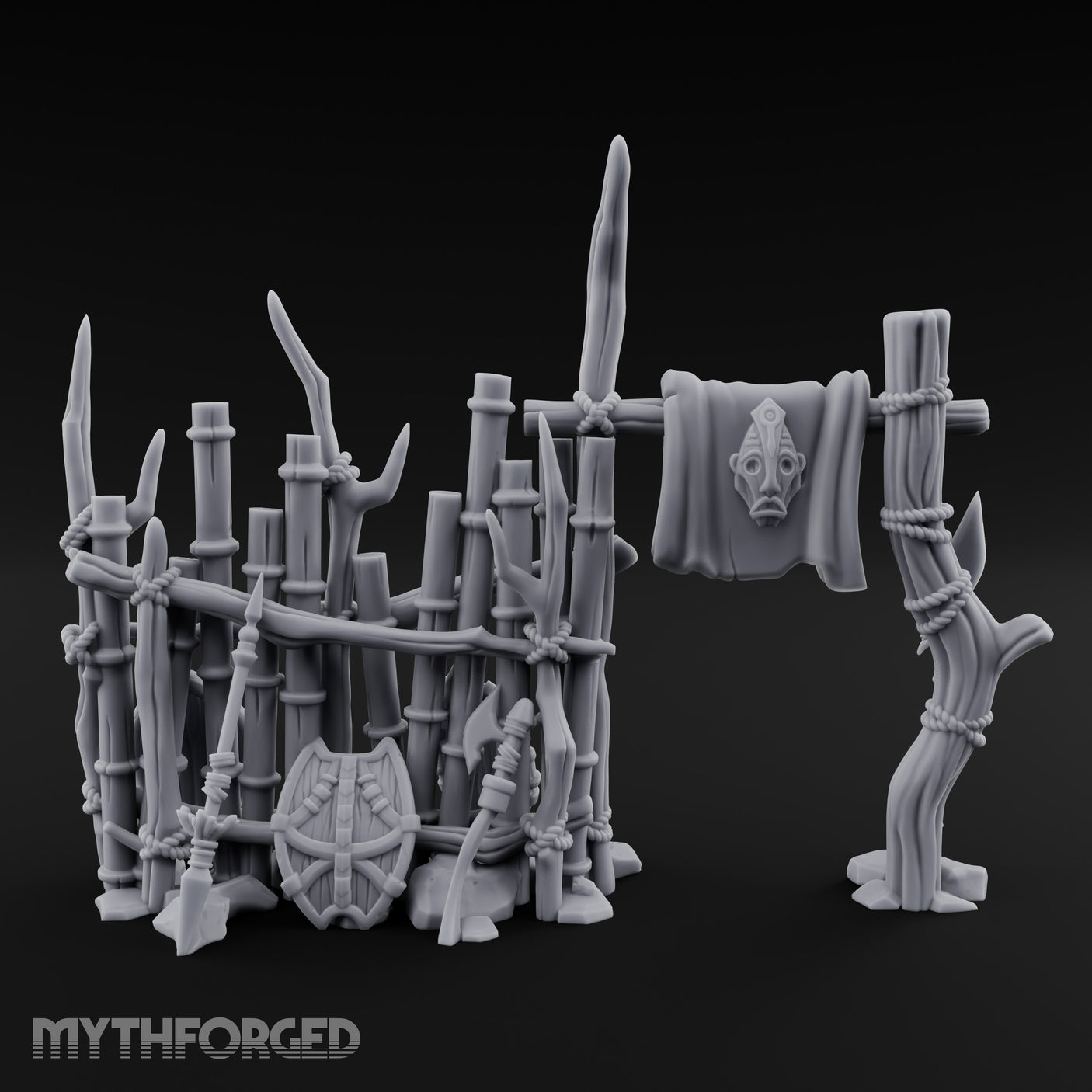 Shield-Leaned Banner-Draped Tribal Bamboo Wall Scene Miniature for Dungeons and Dragons, Pathfinder or other TTRPGs
