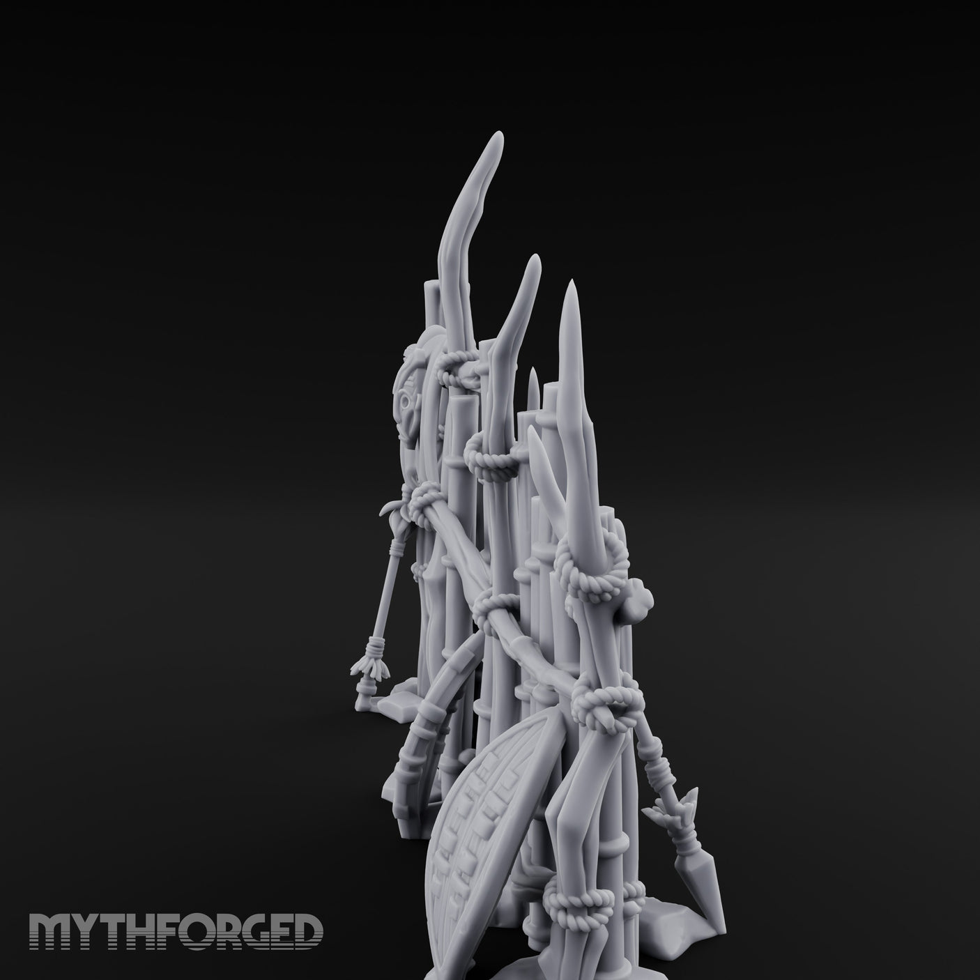 Shield-Leaned Banner-Draped Tribal Bamboo Wall Scene Miniature for Dungeons and Dragons, Pathfinder or other TTRPGs