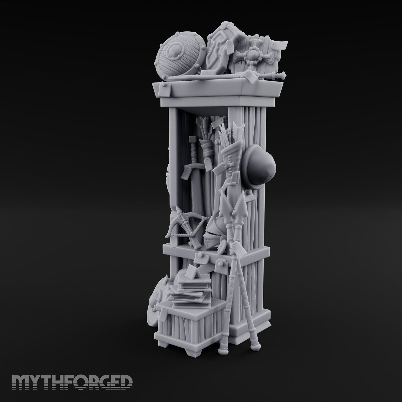 Shield-Stacked Crossbow-Crammed Warrior's Armoury Shelf Miniature for Dungeons and Dragons, Pathfinder or other TTRPGs