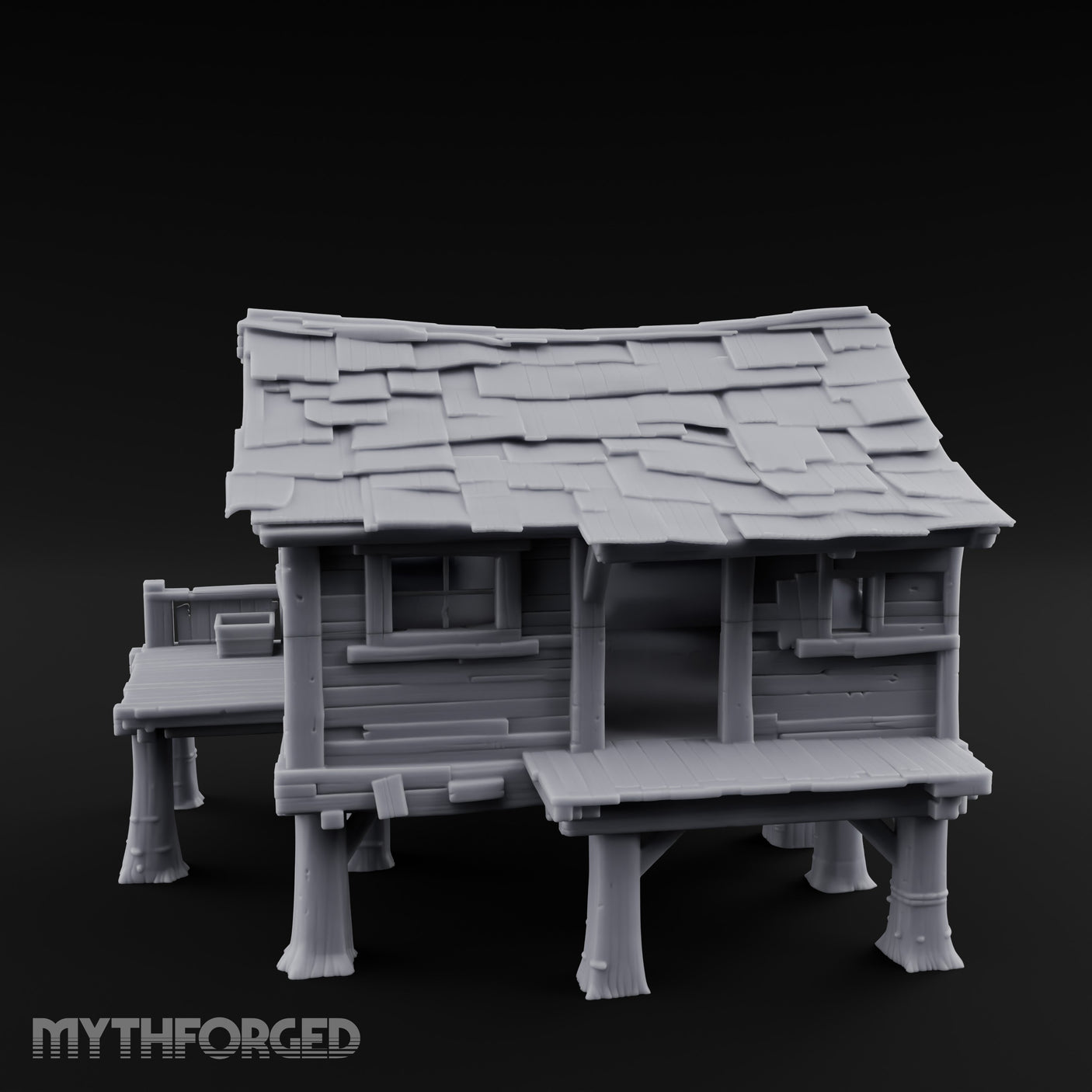 Shingle-Sagging Porch-Fronted Stilt Workers Hut Miniature for Dungeons and Dragons, Pathfinder or other TTRPGs