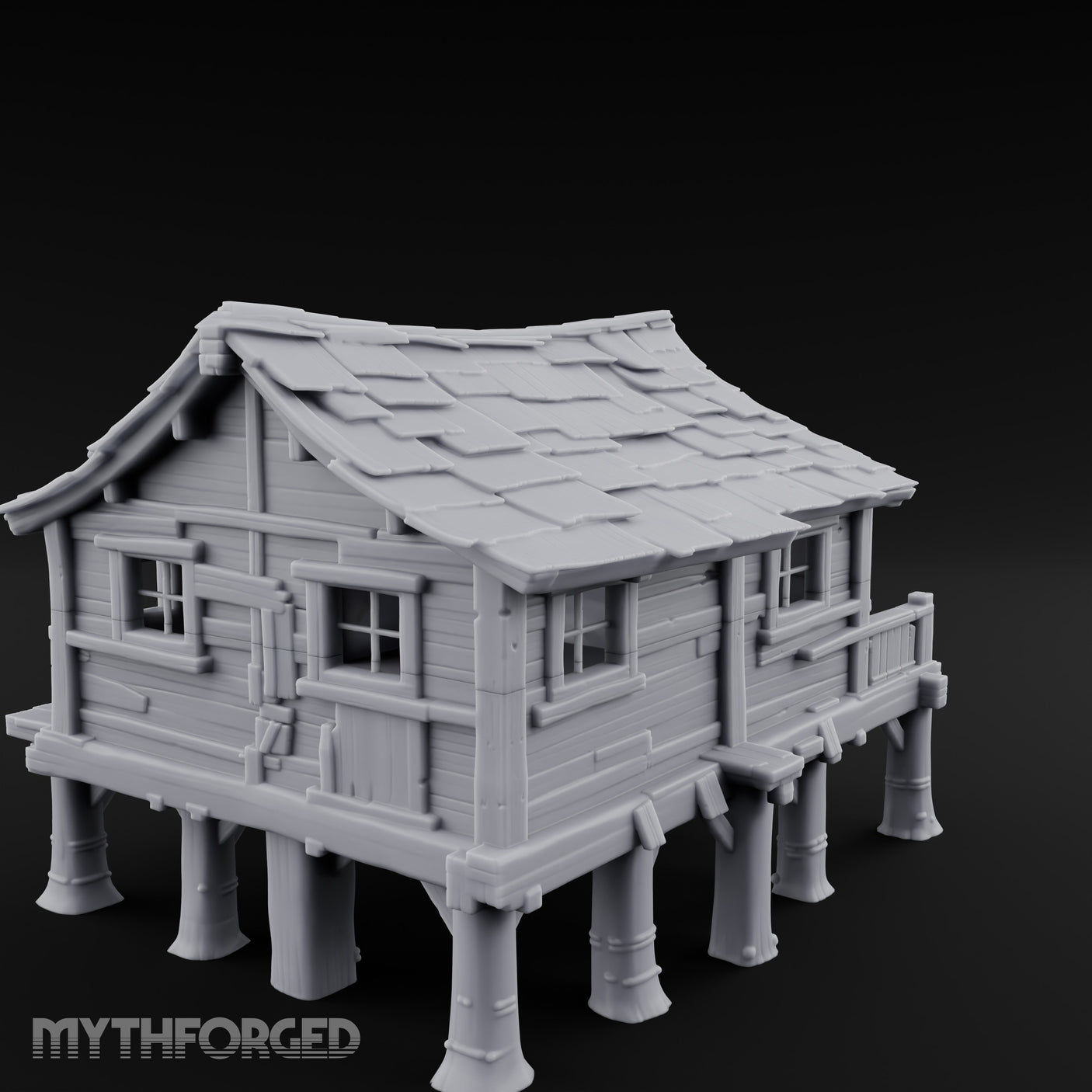 Shingle-Sagging Porch-Fronted Stilt Workers Hut Miniature for Dungeons and Dragons, Pathfinder or other TTRPGs